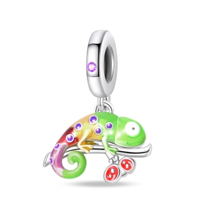 Detail of chameleon charm with colorful enamel gradient and purple zircon stones