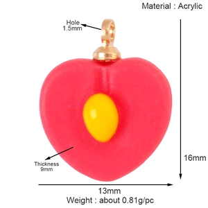 Detailed dimensions of acrylic heart fruit charm with 16mm height and 1.5mm hole