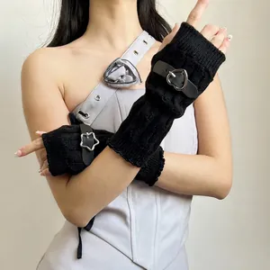 Y2K punk knit arm warmers with leather straps and silver heart star metal buckles