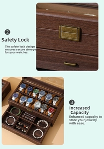 Close-up of wooden watch box featuring a secure metal lock and dual-layer storage capacity
