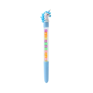 Detail showing the cartoon unicorn topper and colorful letter beads inside the clear barrel
