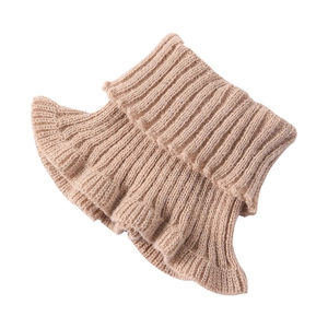 Chic beige knitted snood neck warmer with ribbed texture and elegant ruffled edges