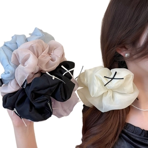 Elegant sheer mesh scrunchies with bow tie and fashion label in assorted soft colors