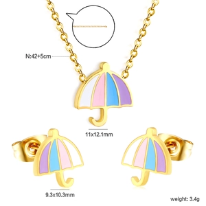 Detailed specs of gold umbrella jewelry set with enamel pendants and sizing measurements