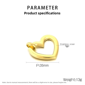 Detail of 35mm golden hollow heart pendant in stainless steel with 13g weight specs