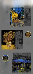 Macro details of Vincent van Gogh scratch art kit showing Starry Night and Sunflowers