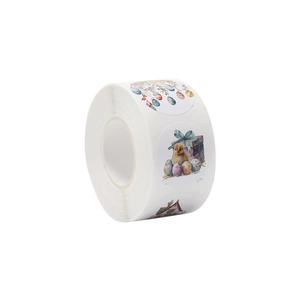 Roll of Easter stickers with watercolor eggs, chicks and cottage on white background