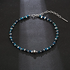 Collier en perles d'oeil de tigre bleu et acier titane argenté pour hommes et femmes