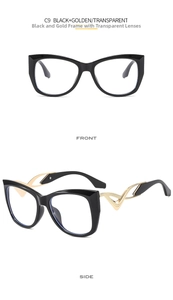 Front- und Seitenansicht der Schmetterling-Cat-Eye-Brille mit schwarz-goldenen Bügeln