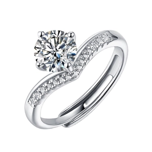 Elegant silver zirconia ring with a large round-cut main stone and wavy band design