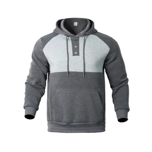 Men's athletic contrast hoodie in dark gray and light gray with buttoned front pocket