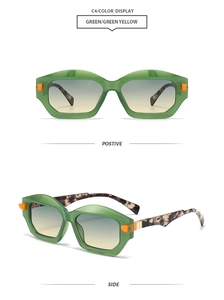 Front and side view of modern green sunglasses with yellow gradient lenses and orange detail