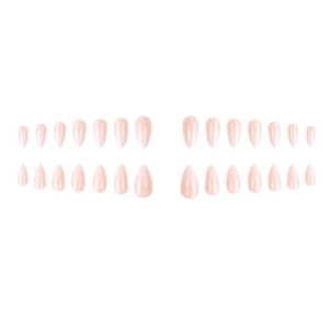 Long almond-shaped nude pink press-on nails set with delicate pearl accents for women