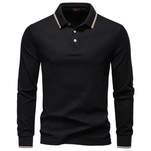 Close-up of black polo shirt collar with white and orange striped ribbed knit texture