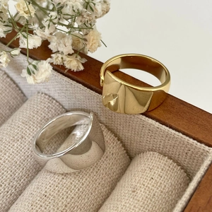 Minimalist 925 sterling silver wide band rings in gold and silver finish on wood box