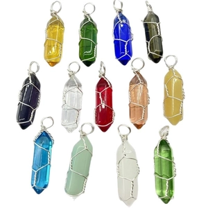 Bulk set of wire wrapped hexagonal crystal column pendants in assorted vibrant colors