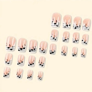 24pcs musical note press on nails with white French tips and nude base glossy finish
