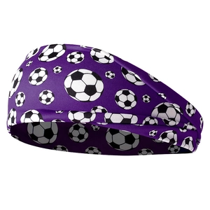 Détail du bandeau de sport violet élastique orné de motifs de ballons de football noir et blanc