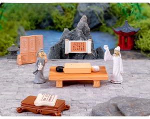 Miniature ancient Chinese scholars playing Go and drinking in a micro garden scenery