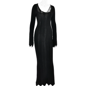Detail showing the fine ribbed texture and raw hem finish of this black U-neck dress