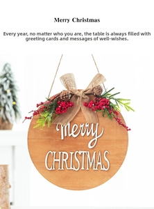 Detailed view of a rustic wooden Merry Christmas ornament with pine cones and red berries
