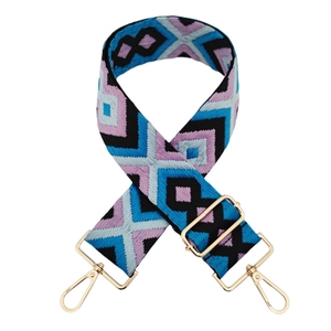 Adjustable 5cm wide geometric jacquard handbag strap with gold metal buckles on white background