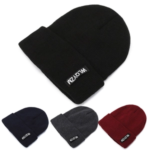 Detailed knit beanie view in black, navy, grey, and wine red with rectangular logo tag