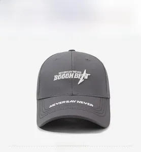 Close-up of white Never Say Never letter embroidery on dark grey cotton baseball cap