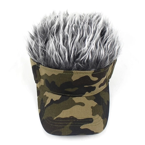 Detail of camouflage visor with silver grey synthetic hair and fabric texture