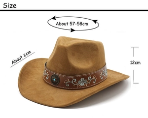 Guide des tailles du chapeau de cowboy en daim marron avec broderie et mesures