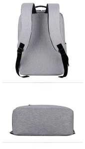 Detailed back and bottom views of a minimalist grey laptop backpack with padded straps