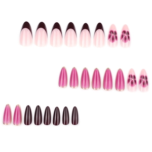 24-piece almond press-on nails with burgundy French tips and floral nail art designs