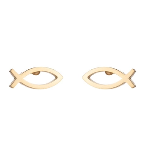 Close-up of polished golden stainless steel fish cartilage studs on white background