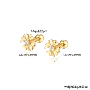 Detailed size specifications for gold flower stud earrings with sparkling cubic zirconia
