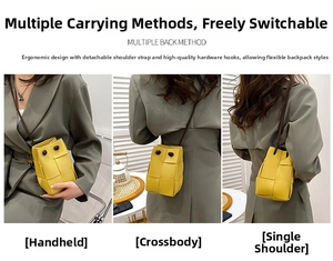 Detailed views of yellow woven bucket bag with detachable strap and versatile carry styles