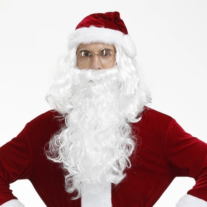 Santa Claus Cosplay Set White Curly Wig Long Beard Red Velvet Hat Gold Frame Glasses Holiday Party Props For Adults