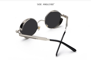 Steampunk round sunglasses with silver metal frame and side shields in 180 degree view