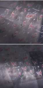 Macro detail of laser glitter butterfly and tulip nail stickers with radiant textures