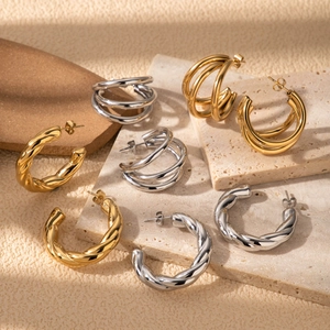 C Shape Hoop Earrings Stainless Steel Multi Layer Twisted Metallic Geometric Irregular Fashion Jewelry For Women