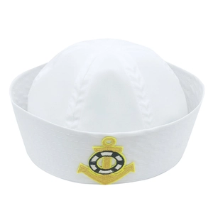 Detail of white sailor hat featuring yellow anchor and lifebuoy embroidery on crown