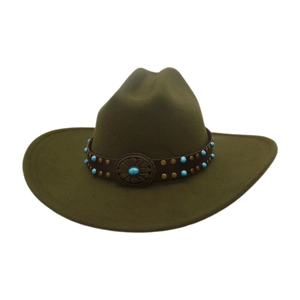 Olive green wool felt western cowboy hat with turquoise beads and floral belt buckle