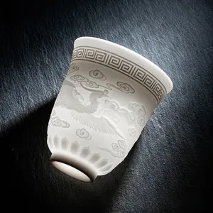White Porcelain Tea Cup Mutton Fat Jade Style Embossed Relief Traditional Chinese Kung Fu Tea Tasting Master Cup Translucent Ceramic