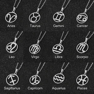 Set of 12 zodiac pendant necklaces in polished stainless steel on a dark background