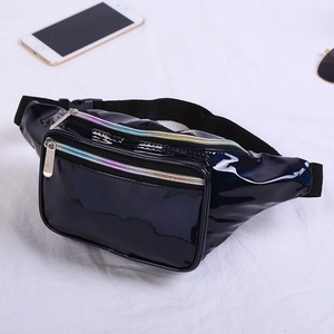Holographic black patent leather waist bag with rainbow zipper and adjustable nylon strap