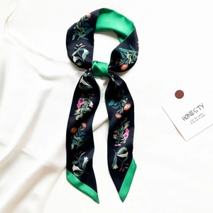 Elegant floral print double-sided silk scarf with pink flowers on black and green back