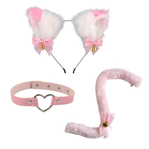 Detailed set of fluffy pink and white cat ears, heart choker and plush tail accessory