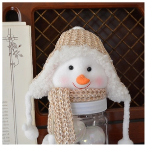 Detailed view of plush snowman storage jar with sequined knit hat and transparent body