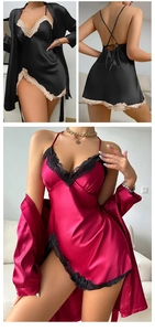 Detail of satin sleepwear with delicate eyelash lace trim and deep V-neckline