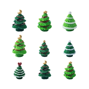 9 assorted miniature Christmas tree desktop ornaments in various styles and green colors