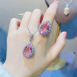 Luxury 7.5ct pear cut pink morganite jewelry set with halo necklace and adjustable ring